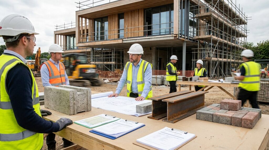 Matériaux bas carbone sur un chantier d’infrastructure avec béton, acier et enrobés dans une scène éditoriale réaliste.