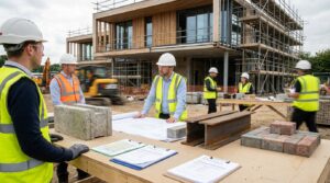 Matériaux bas carbone sur un chantier d’infrastructure avec béton, acier et enrobés dans une scène éditoriale réaliste.