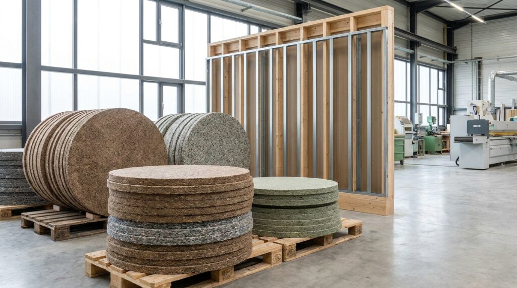 Panneaux isolants circulaires en atelier, à base de recyclats et biopolymères, destinés à la rénovation énergétique des bâtiments.