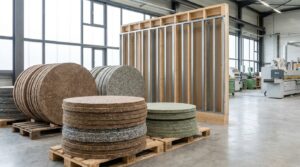 Panneaux isolants circulaires en atelier, à base de recyclats et biopolymères, destinés à la rénovation énergétique des bâtiments.