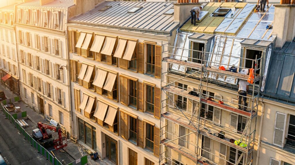 Immeuble résidentiel rénové avec protections solaires extérieures pendant une vague de chaleur