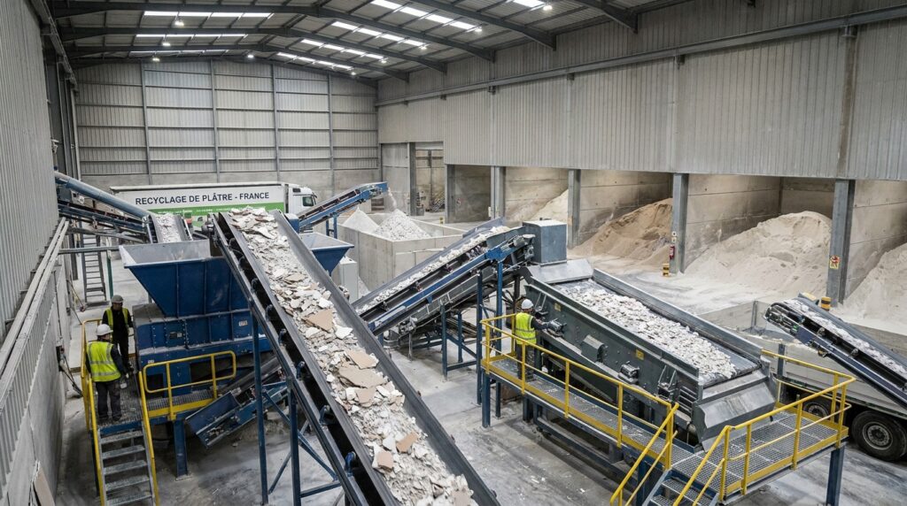 Plateforme industrielle de recyclage du plâtre avec tri de déchets de chantier, convoyeurs et gypse recyclé prêt à être réintroduit dans la fabrication