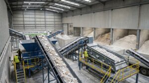 Plateforme industrielle de recyclage du plâtre avec tri de déchets de chantier, convoyeurs et gypse recyclé prêt à être réintroduit dans la fabrication