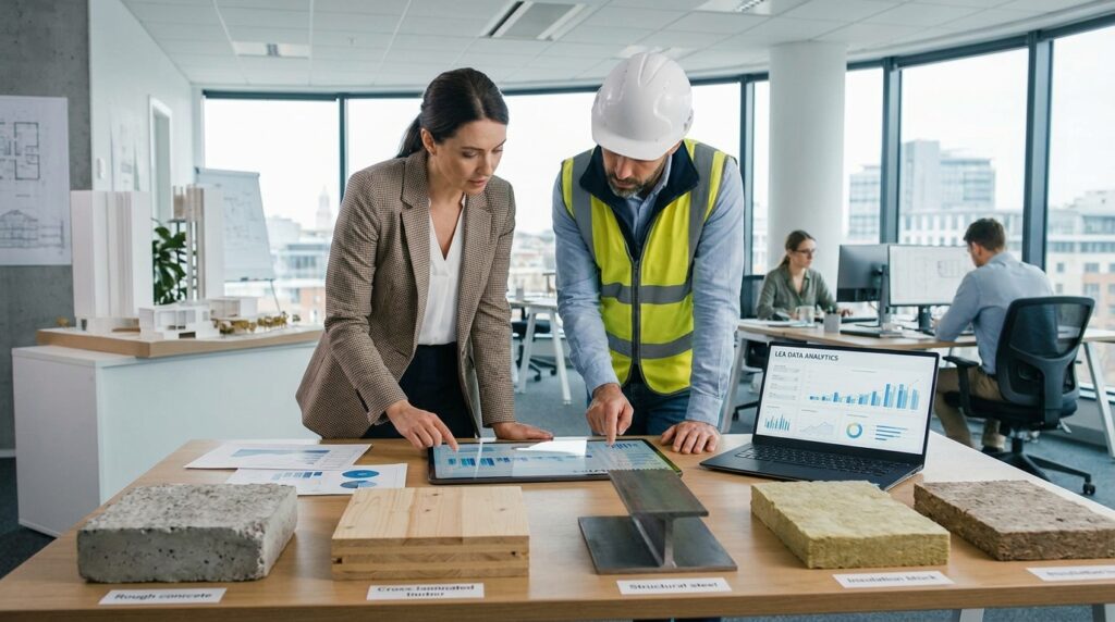Comparaison environnementale de matériaux de construction sur table de travail en bureau d’études