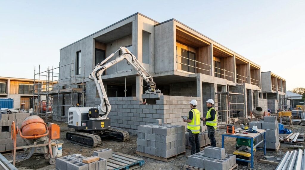 Robot maçon en action sur un chantier de gros œuvre, posant des blocs avec précision sur une maison en construction.