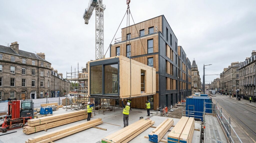 Ensemble résidentiel en modules bois industrialisés en cours de pose, chantier urbain propre et crédible