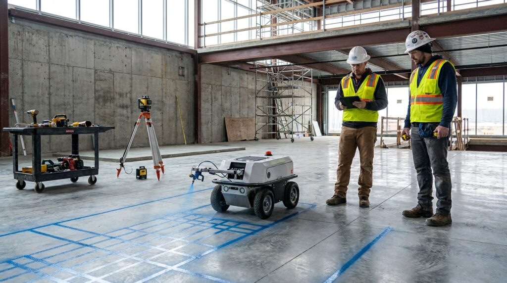 Robot sur chantier imprimant des tracés au sol dans un bâtiment en construction