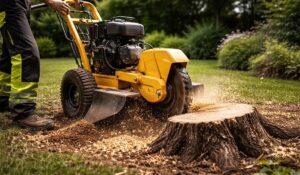 Rogneuse de souche en action réduisant une souche d'arbre en copeaux dans un jardin