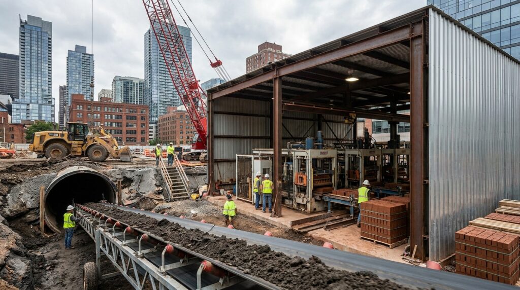 Déblais de chantier transformés en briques dans une boucle locale entre tunnel urbain et usine proche