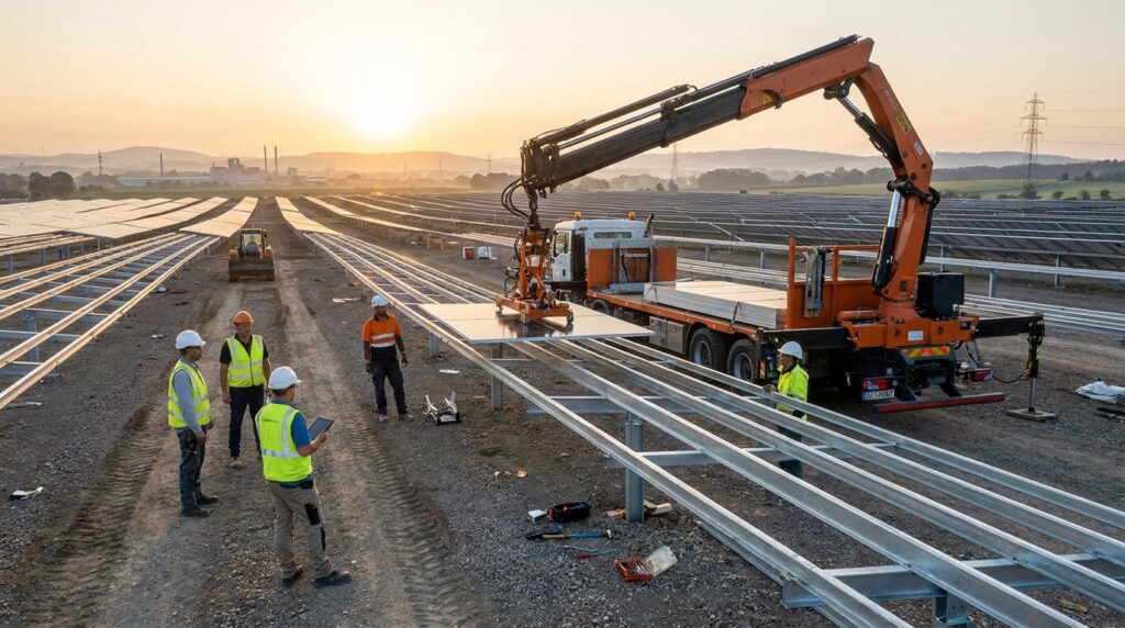 Robot posant des panneaux solaires sur un grand chantier photovoltaïque avec une équipe technique en supervision
