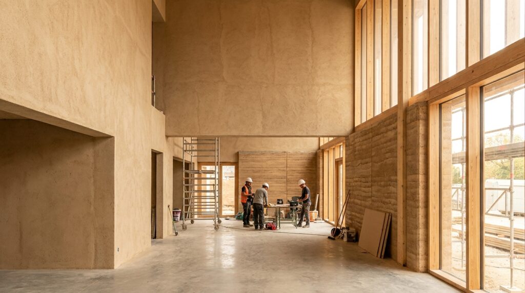Mur en terre crue compactée dans un bâtiment contemporain, rendu éditorial réaliste pour un magazine du bâtiment