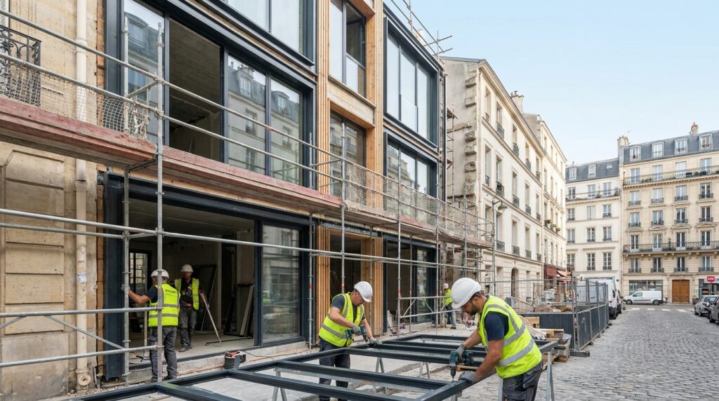 Fenêtres aluminium bas carbone posées sur un bâtiment contemporain en rénovation, rendu éditorial réaliste.