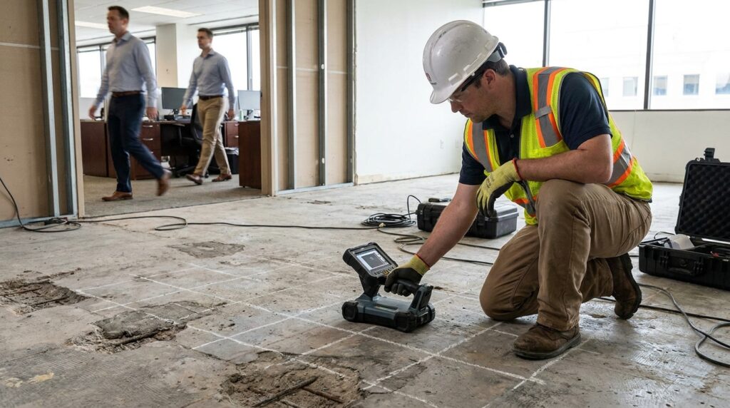 Technicien scannant une dalle béton avec un appareil de diagnostic non destructif sur un chantier de réhabilitation