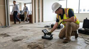 Technicien scannant une dalle béton avec un appareil de diagnostic non destructif sur un chantier de réhabilitation
