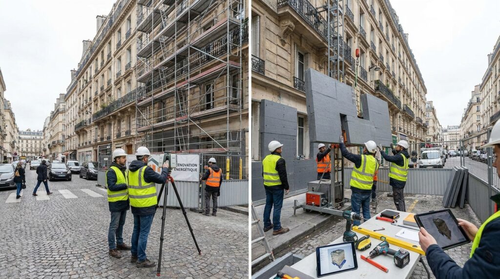 Rénovation énergétique de façade avec relevé 3D, panneaux préfabriqués et pose sèche sur immeuble occupé