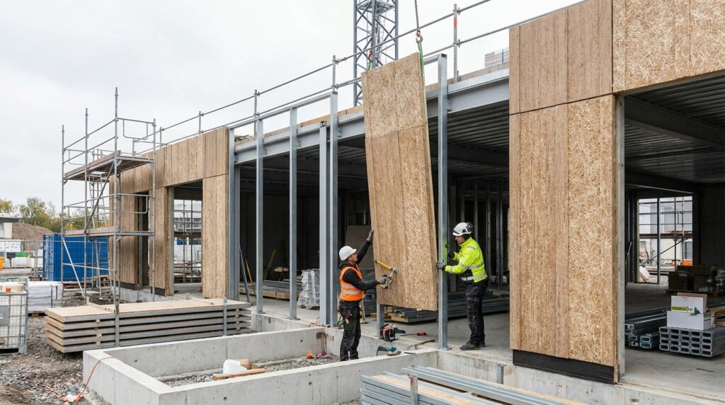 Panneaux de façade préfabriqués avec isolation biosourcée au mycélium sur un chantier de bâtiment contemporain