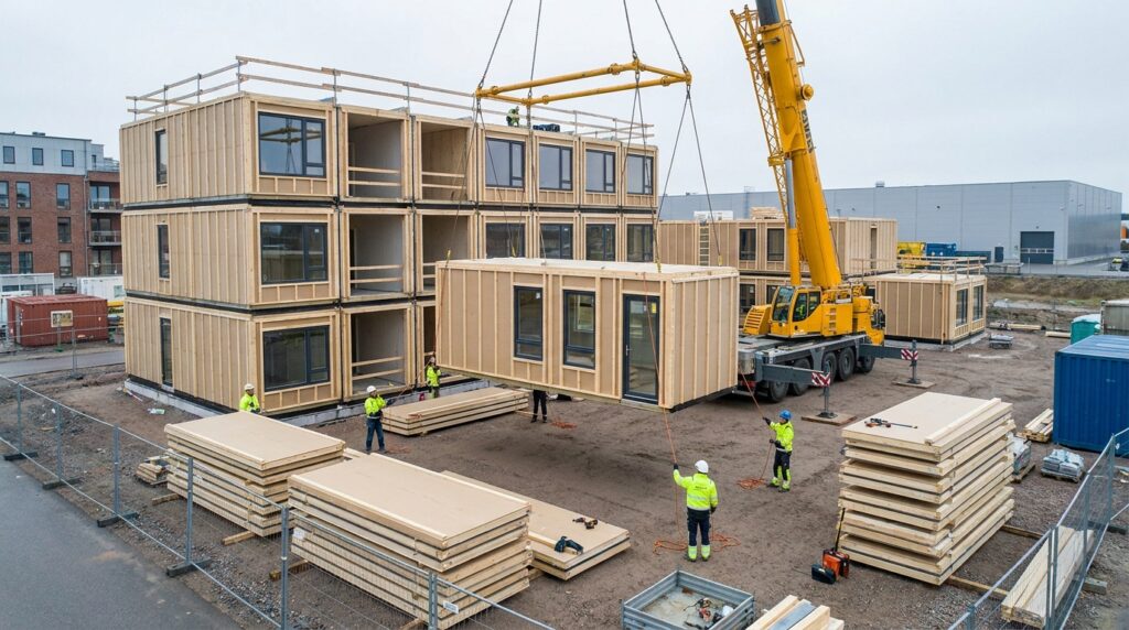 Assemblage modulaire hors-site avec composants préfabriqués et logistique industrielle distribuée