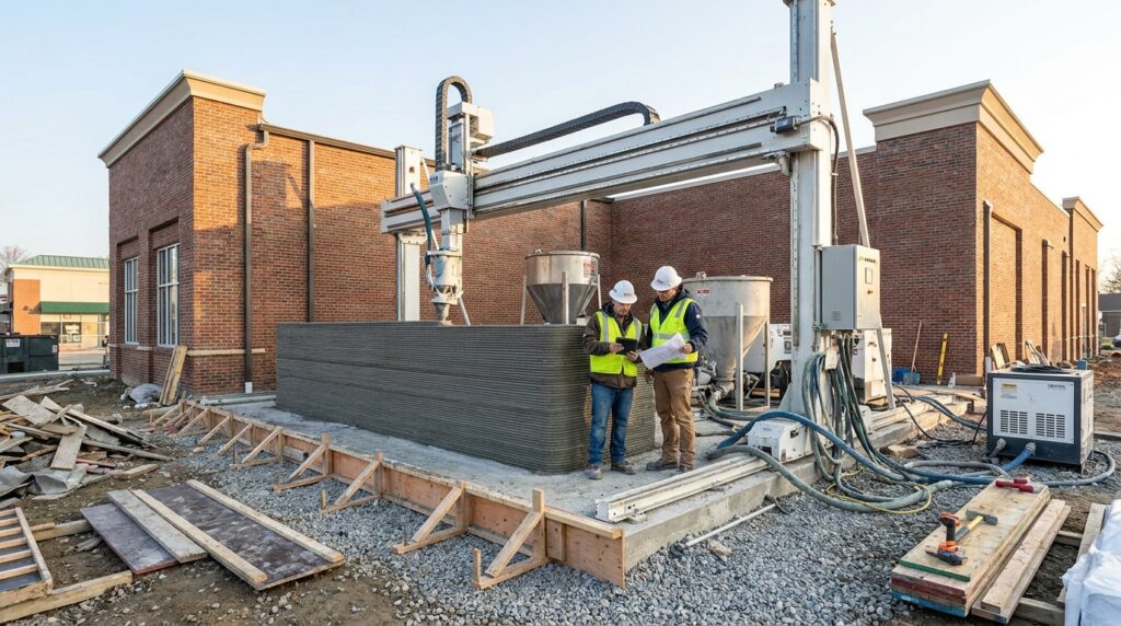 Impression 3D béton sur une extension commerciale avec robot d’extrusion et équipe de supervision