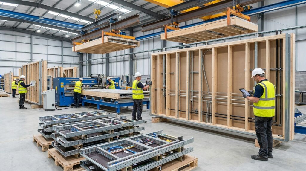 Industrialisation hors-site BTP avec fabrication modulaire en atelier et préparation de composants pour chantier