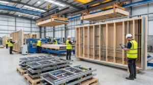 Industrialisation hors-site BTP avec fabrication modulaire en atelier et préparation de composants pour chantier