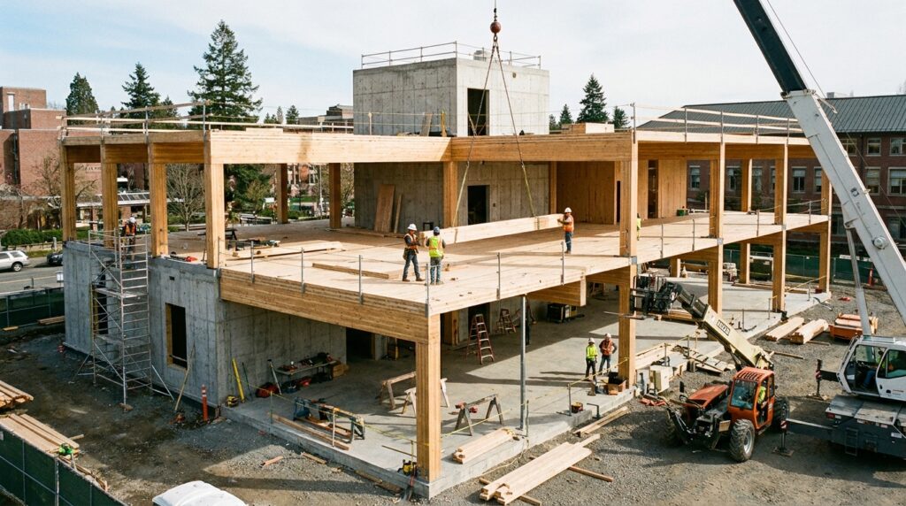 Bâtiment de santé universitaire en construction bois avec structure mass timber, CLT et glulam, rendu éditorial réaliste