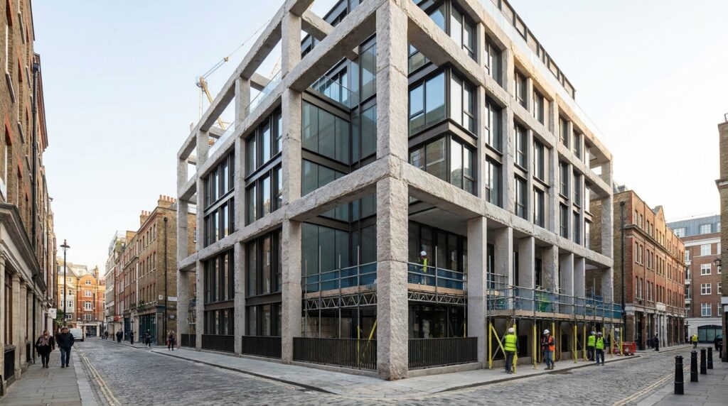 Bâtiment contemporain avec exosquelette structurel en pierre