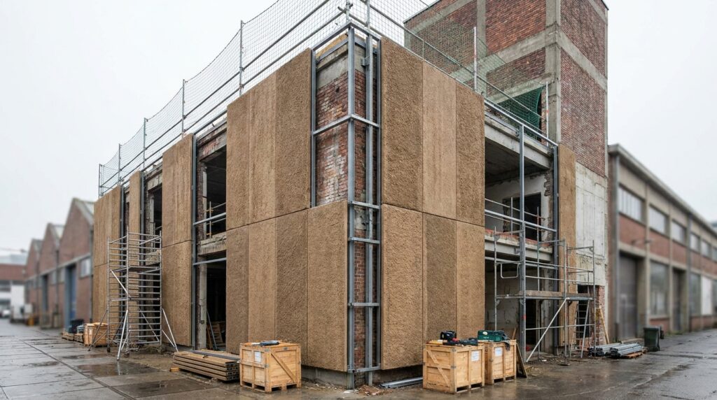 Panneaux de façade en composites biosourcés sur un bâtiment contemporain en rénovation