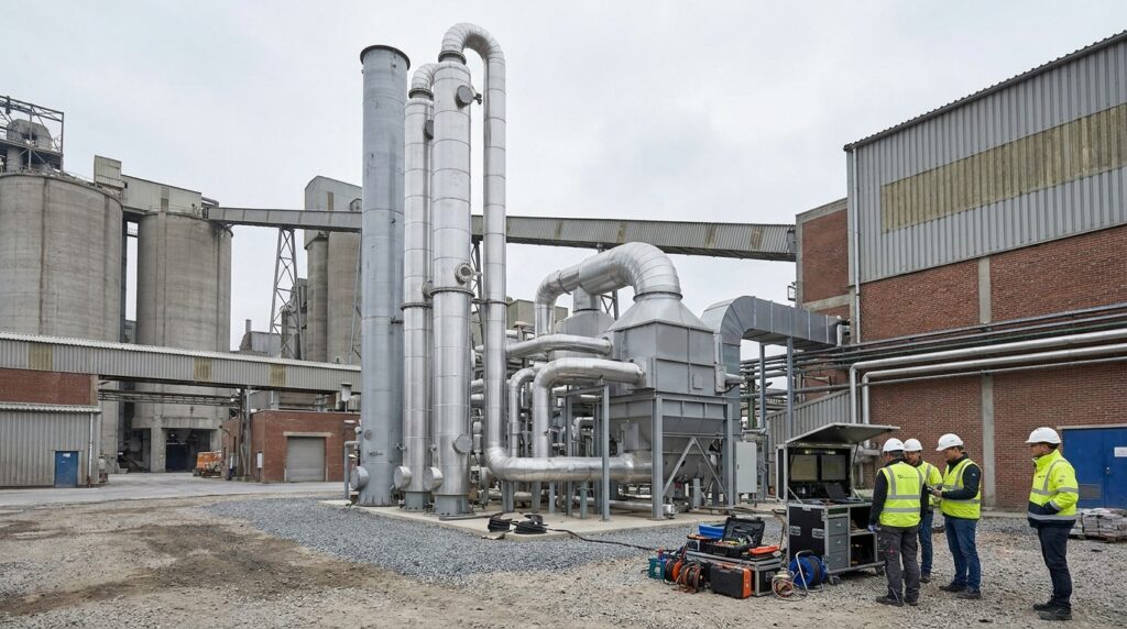 Pilote de captage du CO2 dans une cimenterie moderne avec colonnes industrielles et ambiance technique réaliste