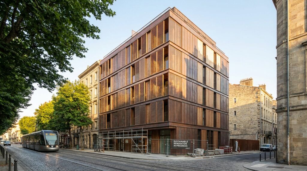 Façade adaptative en rénovation performante sur un immeuble collectif, avec protections solaires et éléments préfabriqués