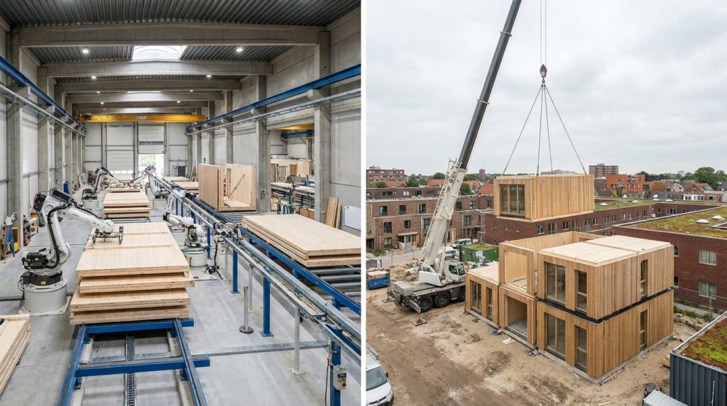 Modules de logements biosourcés assemblés en usine avant pose sur chantier