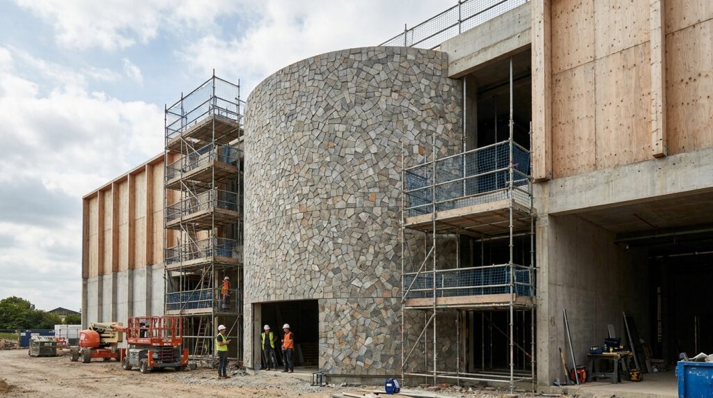 Façade circulaire en panneaux composites minéraux issus de chutes de production, sur bâtiment hybride bois-béton