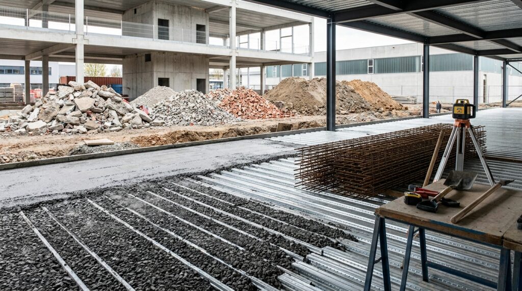 Dalle composite de chantier avec tôle acier profilée et béton recyclé issu de gravats triés