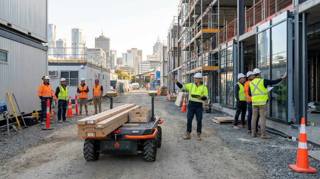 Robot de chantier autonome transportant des matériaux sur un site de construction moderne