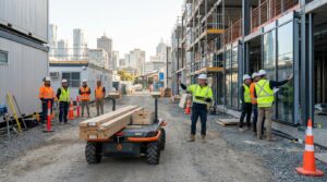 Robot de chantier autonome transportant des matériaux sur un site de construction moderne