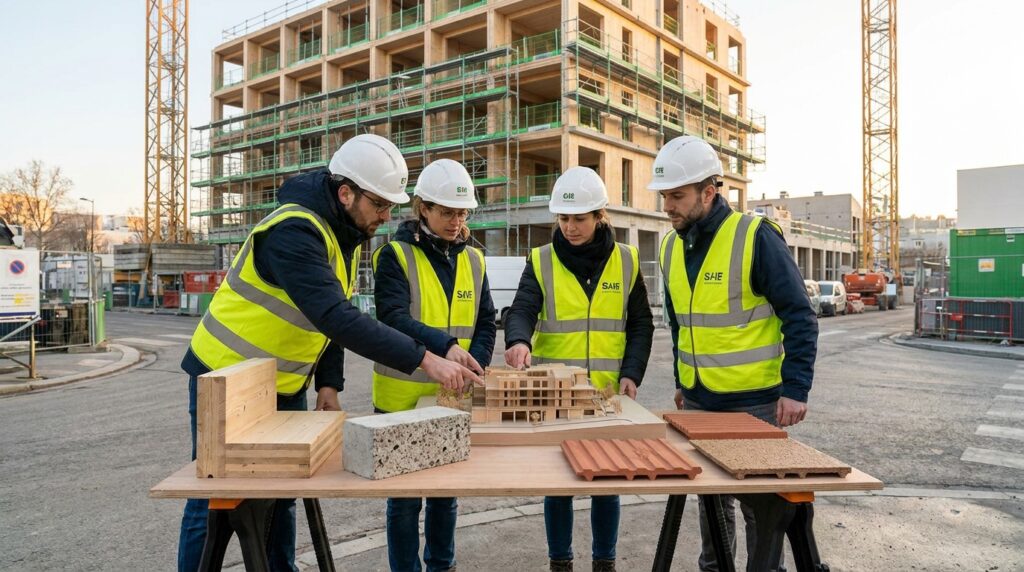 Équipe bâtiment analysant un projet bas carbone et des matériaux en phase de préparation chantier
