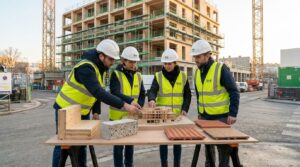 Équipe bâtiment analysant un projet bas carbone et des matériaux en phase de préparation chantier