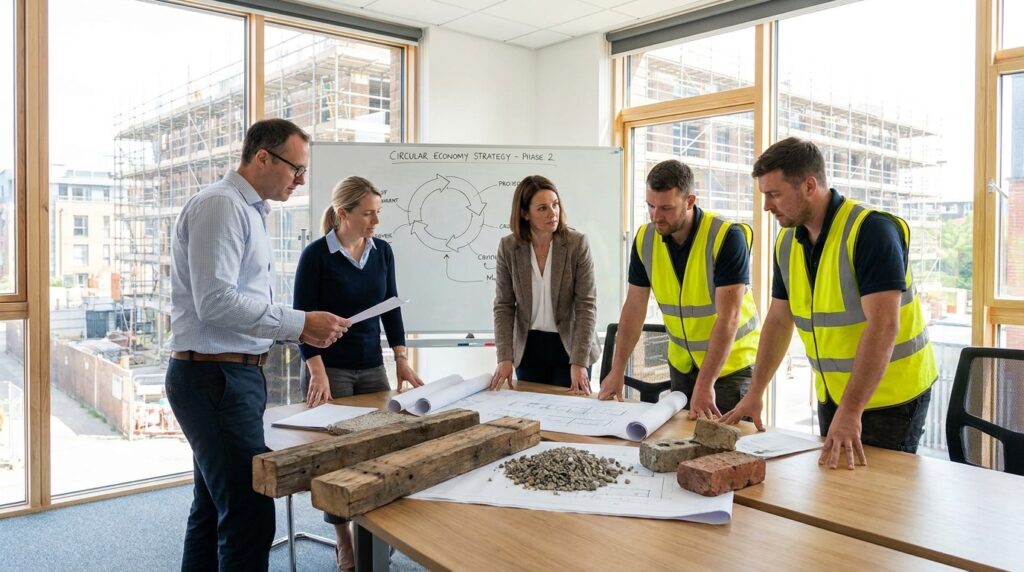 Réunion de projet bâtiment autour de plans, échantillons matériaux et stratégie de sobriété matière