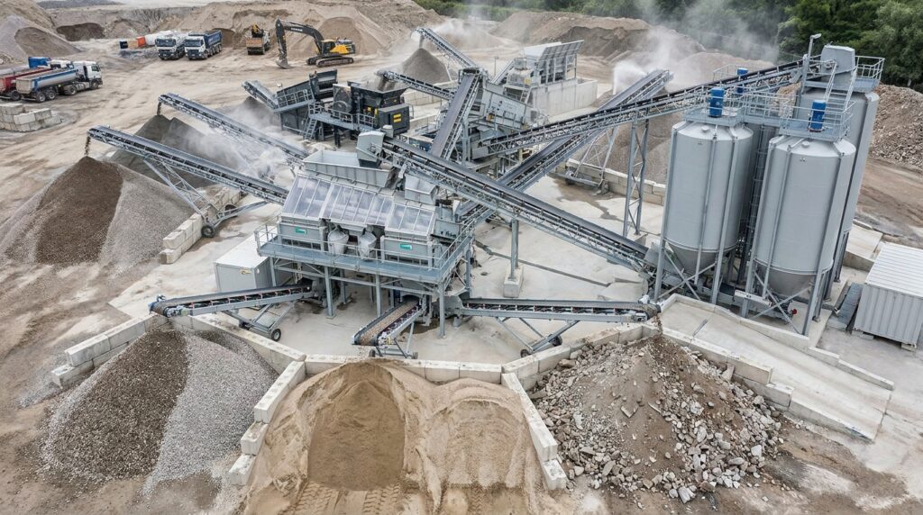 Recyclage avancé du béton sur plateforme industrielle avec tri des granulats et valorisation des fines cimentaires