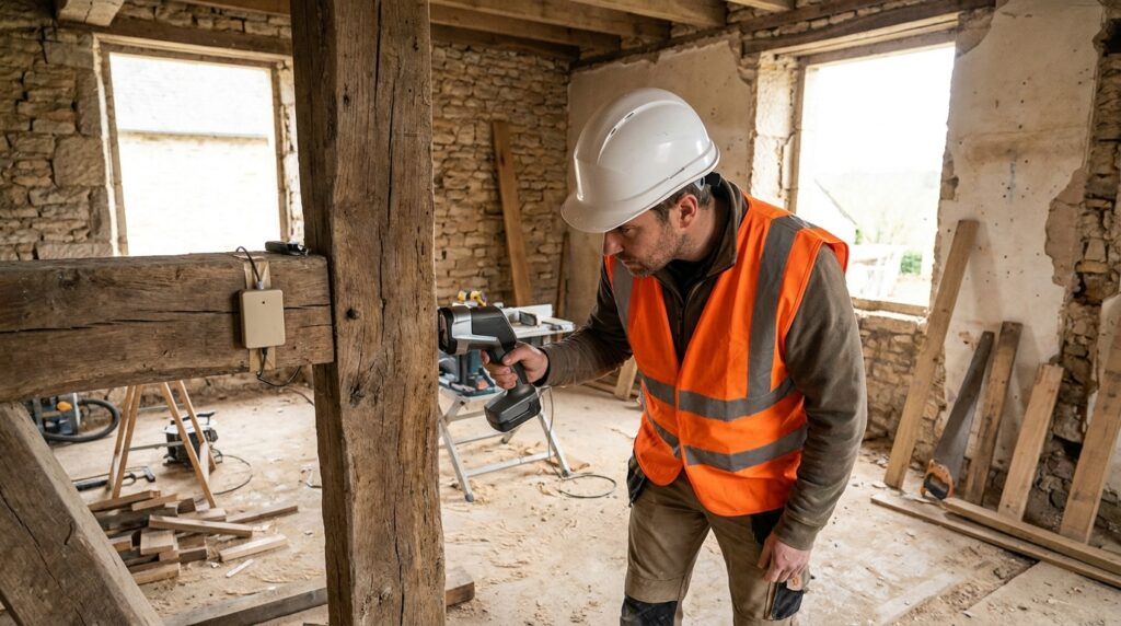 Diagnostic in situ d’une poutre en bois existante avec capteur vibratoire et scanner portable