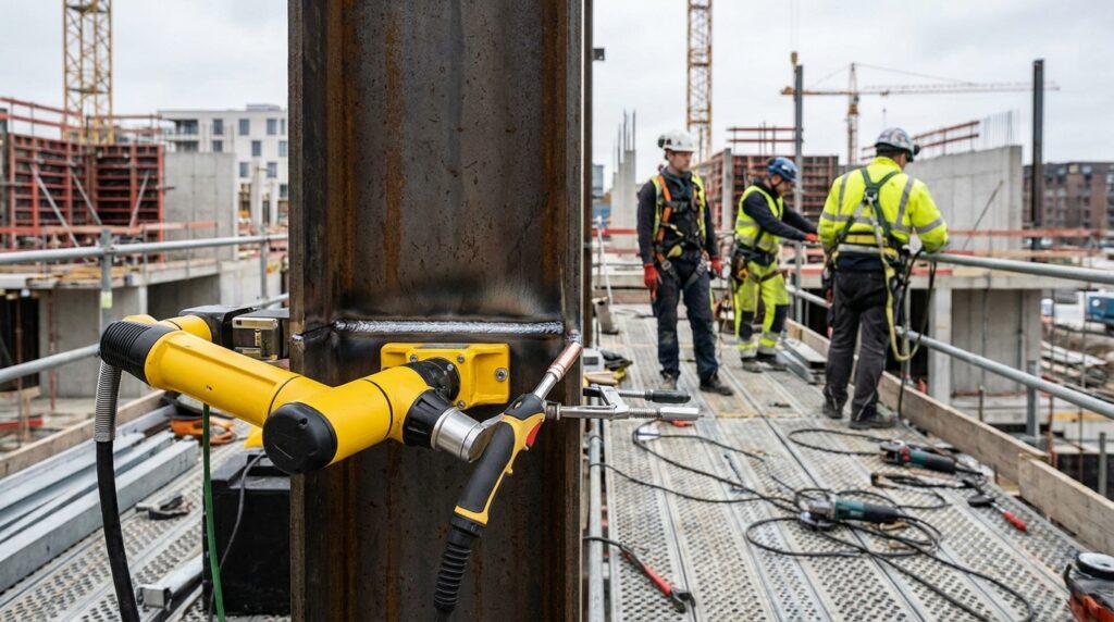 Cobot portable fixé sur un poteau acier pour automatiser une soudure de charpente sur chantier