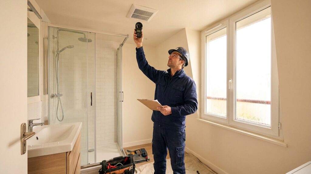Technicien contrôlant la ventilation après une rénovation thermique d’un logement collectif