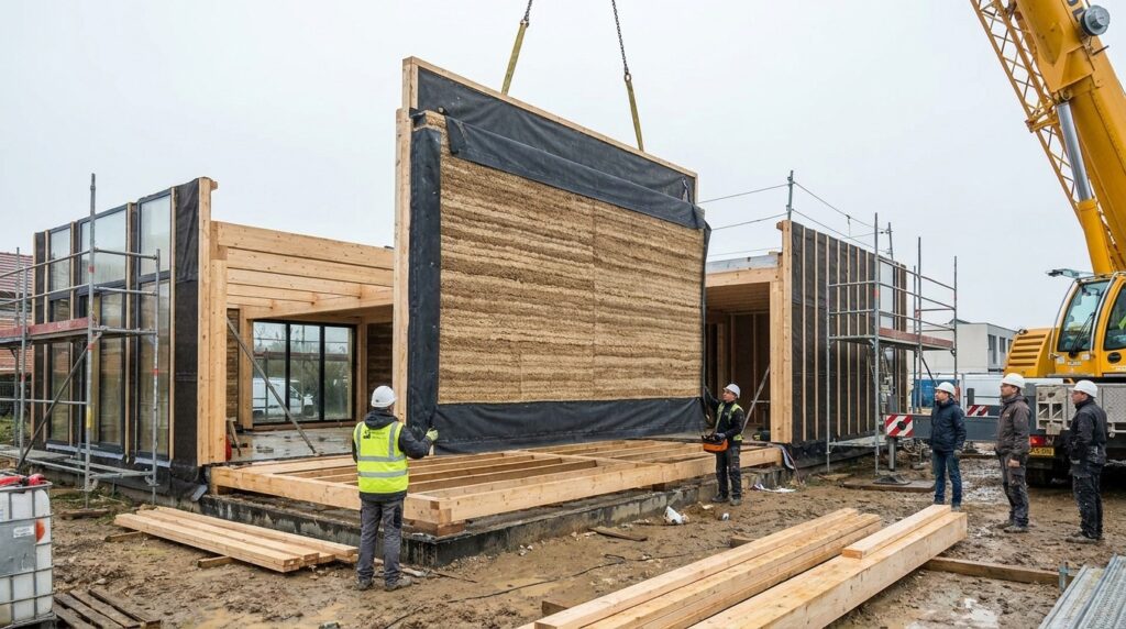 Module porteur préfabriqué en panneaux de paille comprimée levé sur un chantier
