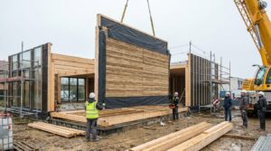 Module porteur préfabriqué en panneaux de paille comprimée levé sur un chantier