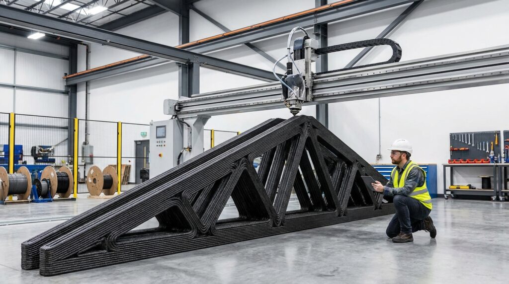 Ferme structurelle imprimée en 3D en composite de plastique recyclé dans un atelier de construction