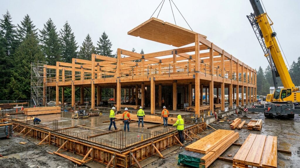 Montage d’une structure universitaire en bois massif préfabriqué sur des fondations en béton optimisées