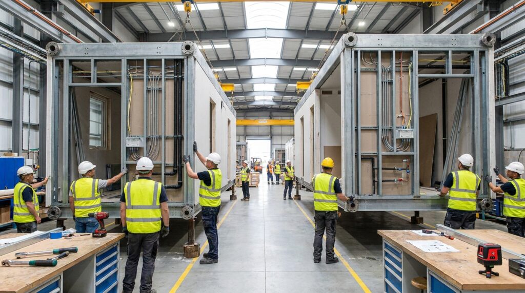 Construction modulaire en atelier avec modules assemblés et interfaces techniques standardisées
