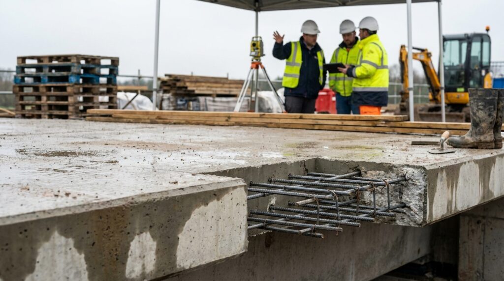 Inspection d’un ouvrage en béton bas carbone après la pluie pour évaluer l’humidité et la durabilité des armatures