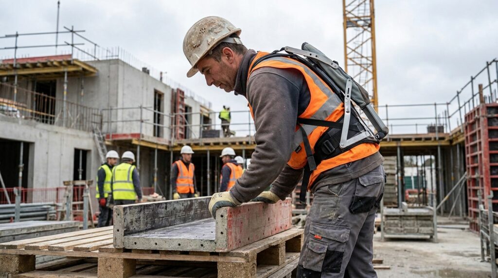 Compagnon portant un exosquelette passif lombaire sur un chantier de gros œuvre