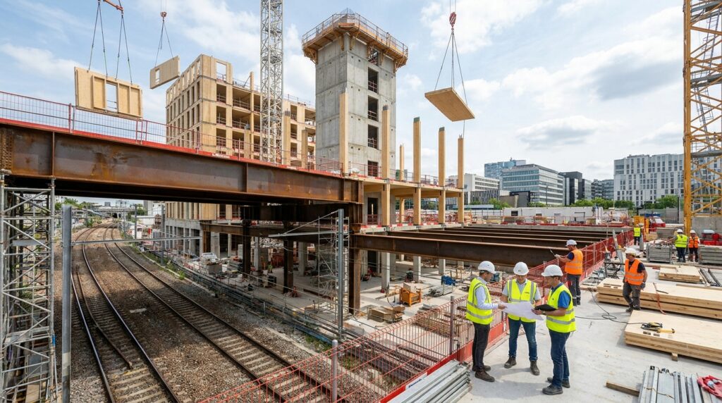 Construction d'un bâtiment-pont mixte acier, béton et bois au-dessus de voies ferrées