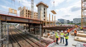 Construction d'un bâtiment-pont mixte acier, béton et bois au-dessus de voies ferrées